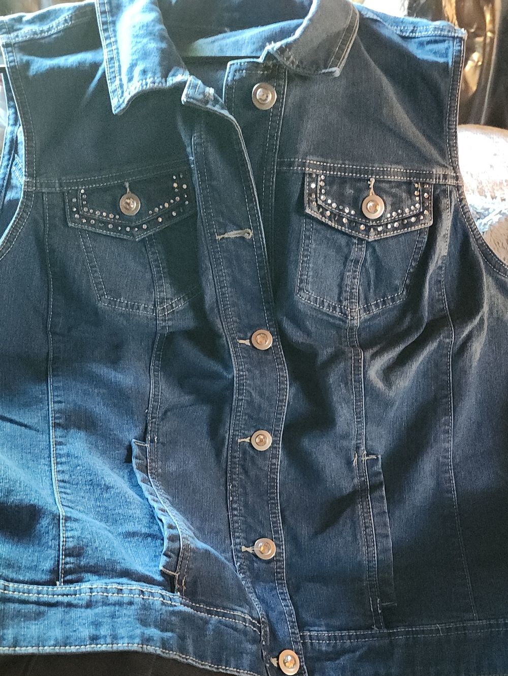 Classic Dark Blue Denim Vest with Studded Pockets